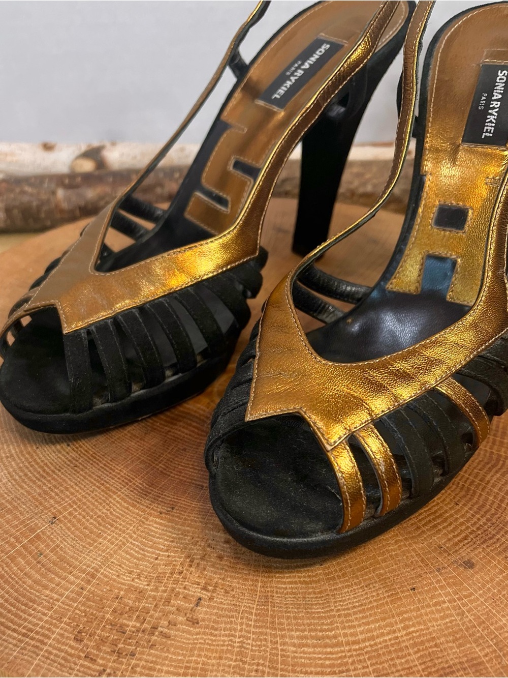 Sonia Rykiel Paris Gold Leather & Black Suede Strappy Platform Heels - Size 37.5